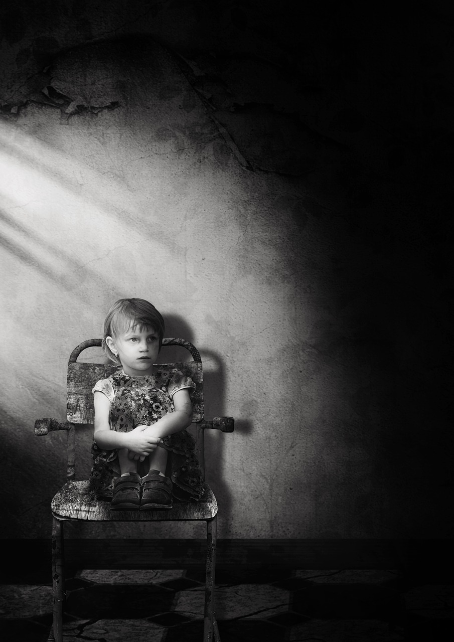 girl, space, chair, lighting mood, emotion, child, lonely, alone, sad, melancholic, bullying, dirty, expression, black-and-white, in need of assistance, sad girl, image manipulation, fear, cover, hopeless, thoughtful, anxiety, unsure, mischief, watch, symbolic