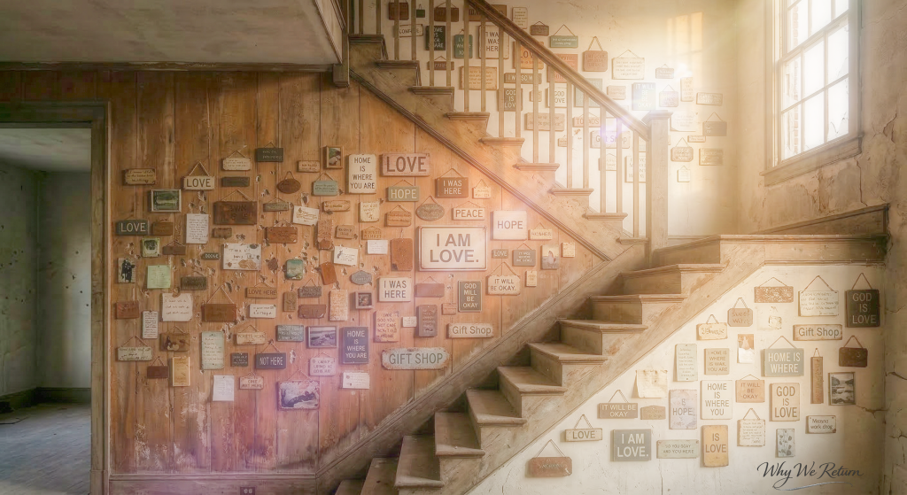 An evocative interior photograph of the ancient wooden staircase inside 'The House on the Hill' from Gregory Hansen’s post on WhyWeReturn.com. The original wooden walls, once filled with 'holes,' are completely covered in hundreds of small, handwritten wooden signs. Prominently displayed signs include 'I AM LOVE,' 'HOPE,' 'PEACE,' 'GIFT SHOP,' and 'HOME IS WHERE YOU ARE.' Warm sunlight pours through an upper landing window, illuminating the transformation from abandonment to a sanctuary of shared kindness.